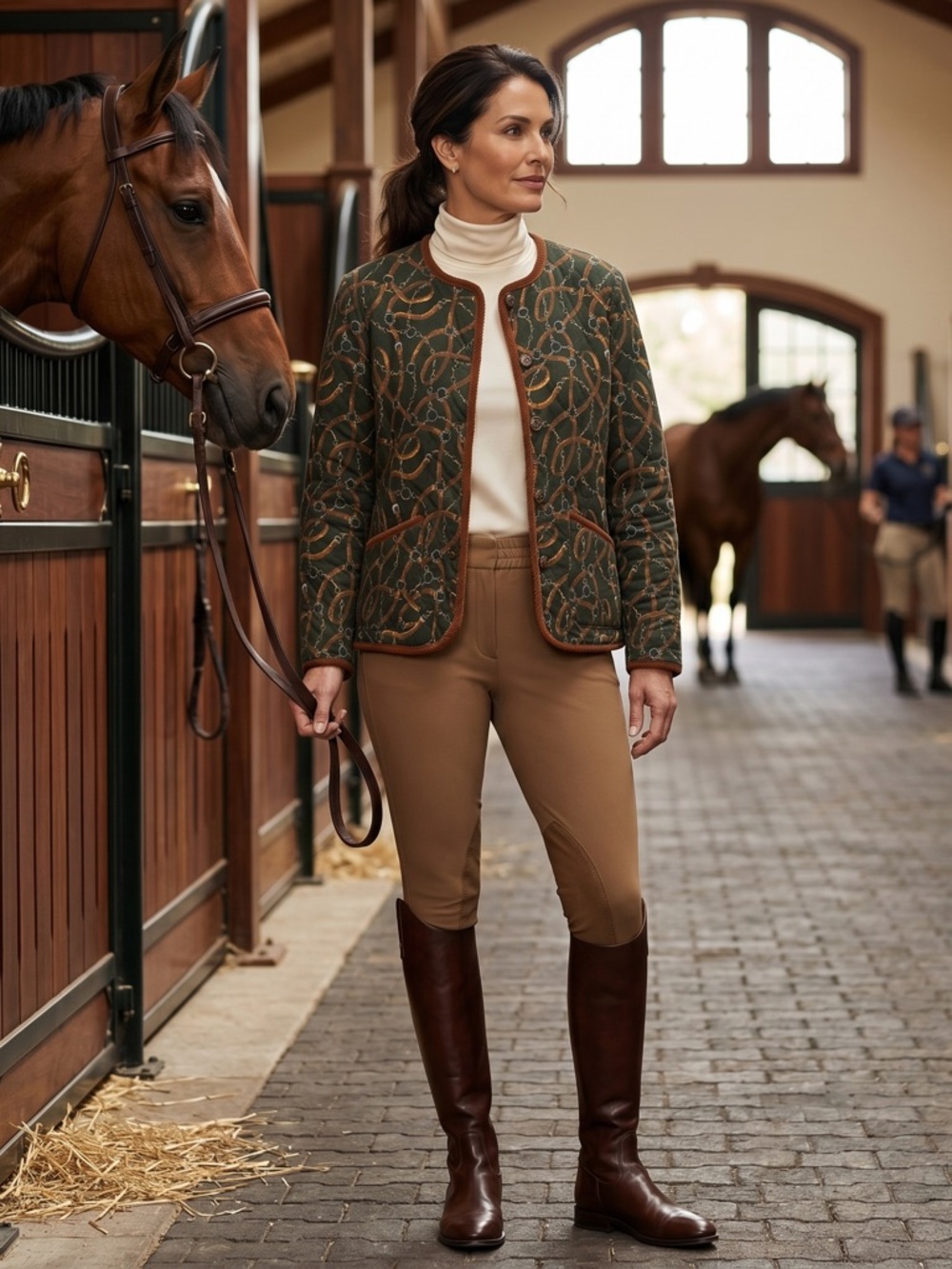 Jones New York Cotton Equestrian Chain & Belt Harness Print Quilted‎ Jacket Sz M